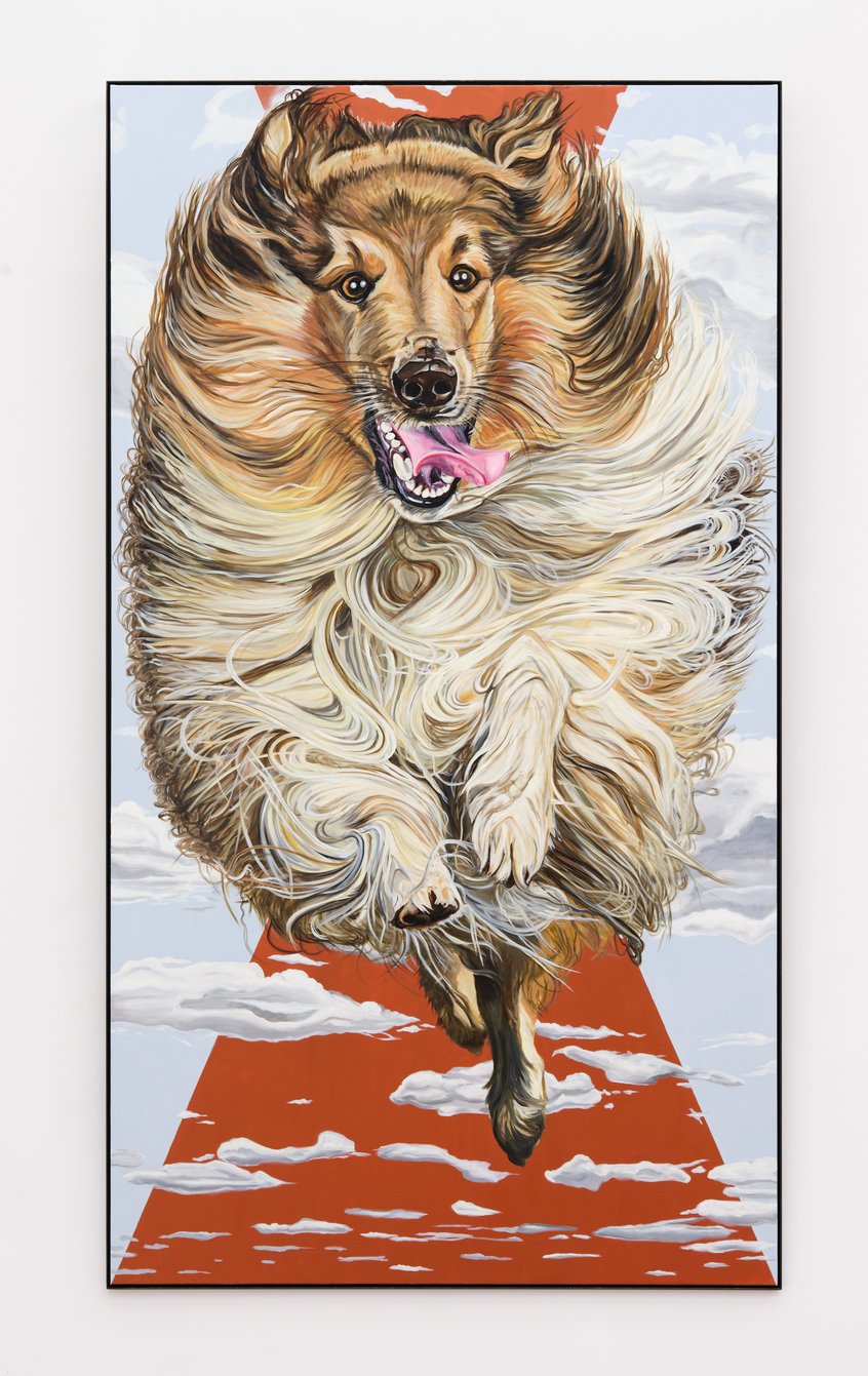 Jana Euler, One on One, Triptych – Image Viewer Connections, 2026, Schultze Projects #5, Museum Ludwig, Köln, © Jana Euler, Foto: Historisches Archiv der Stadt Köln mit Rheinischem Bildarchiv/Marc Weber Gemälde eines Langhaar Collies, in der Frontalansicht, der mit geöffnetem Maul und heraushängender Zunge auf den Betrachter zuläuft. Das üppige Fell wirkt durch die Pinselstriche dynamisch. DerHund läuft über einen leuchtend roten Weg.